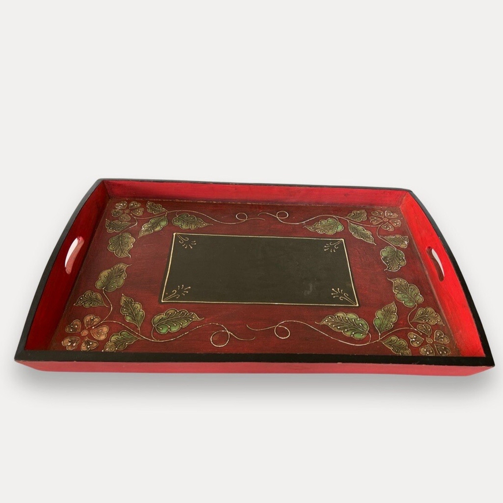 Hand painted Floral Leaf wooden tray Red kitchen serving art deco - Picture 3 of 6